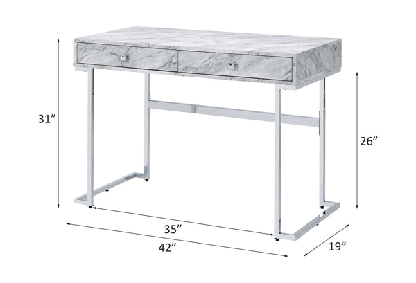 English Elm Tigress Sleek White Faux Marble Writing Desk with Chrome Frame, 2 Drawers & Smooth Metal Glides B2726P254136