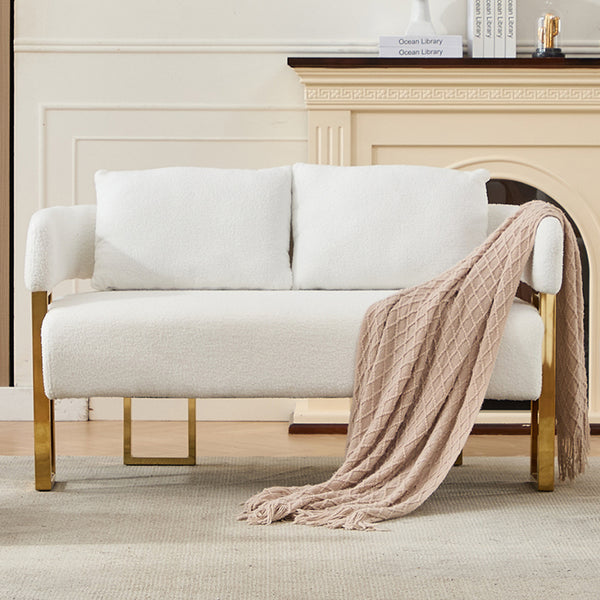 English Elm TS Modern decorative chair with teddy fleece upholstery, ergonomic sponge cushion and gold legs for luxe comfort and style White+Gold W2311P364620