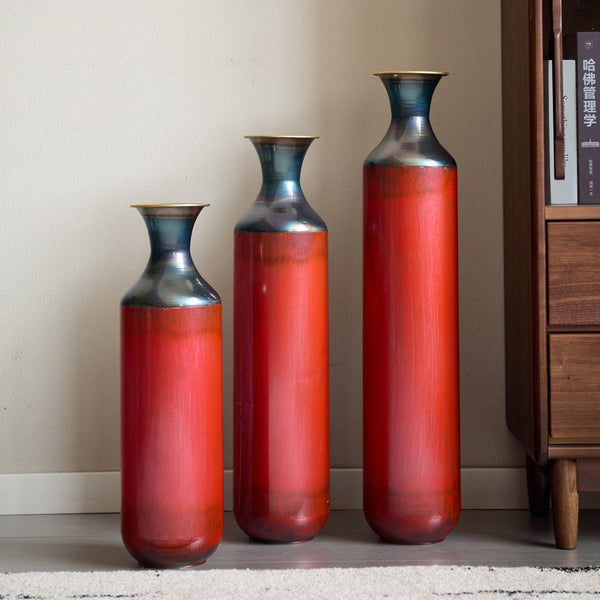 English Elm Floor Red Metal Vase Set 3-Piece Droplet Sculptures — Modern Glazed Tall Decorative Vases for Home W2796P371277