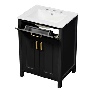 English Elm 24"Bathroom Luxurious Space-Saving Vanity with Ceramic Sink, Solid Wood Frame, Soft-Close Doors and Storage Black N729P183716B