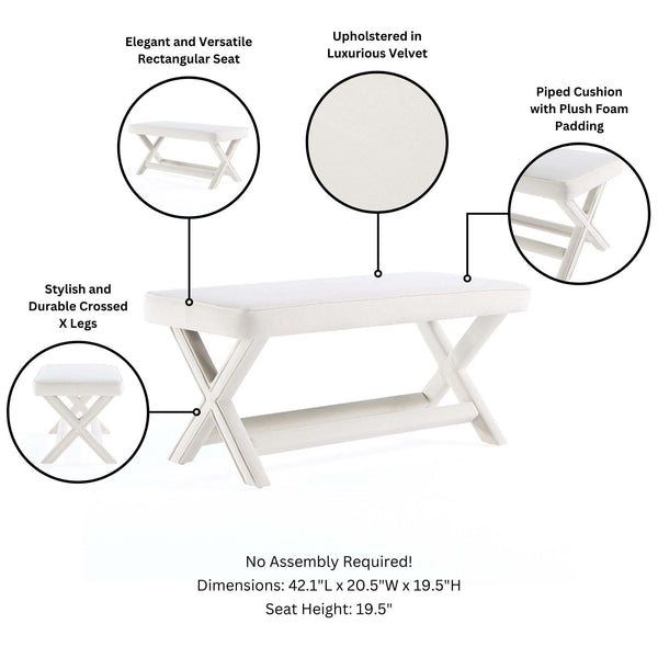 English Elm Abigail Mid-Century Modern Velvet Upholstered Bench - Cream Elegance For Entryways & Living Spaces B365P398212