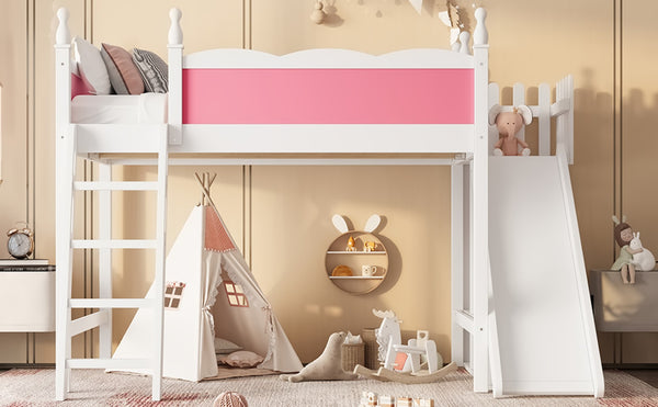 English Elm Twin Loft Bed Solid Pine Frame with Wardrobe Shelving Detachable Slide Kids Room W5305S00021