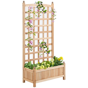 English Elm Flower Solid Wood Raised Outdoor Planter with Built-in Trellis for Climbing Vines T3971P387986