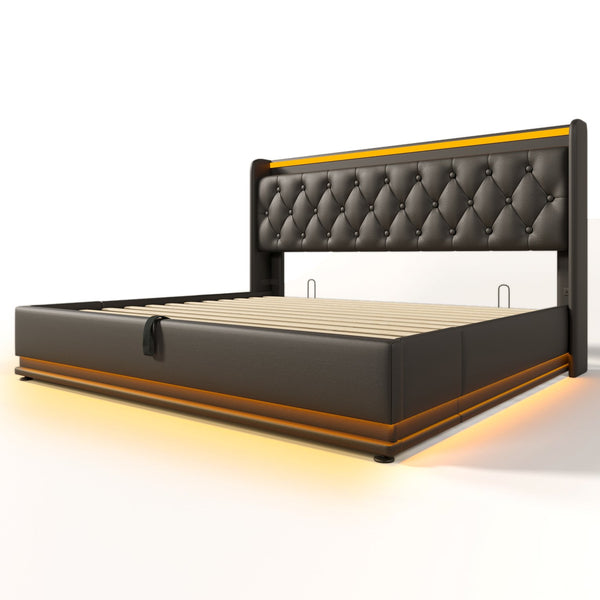 English Elm King Upholstered Bed with Surround LED, App/Remote Control, Hydraulic Storage, USB Type-C Charging Black N736P188808B