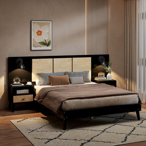 English Elm Queen Solid Wood Bed Frame With 2 Nightstands, Rattan Accents, Built-In Lamps For Cozy Bedrooms N820S00019AAB-GIGA