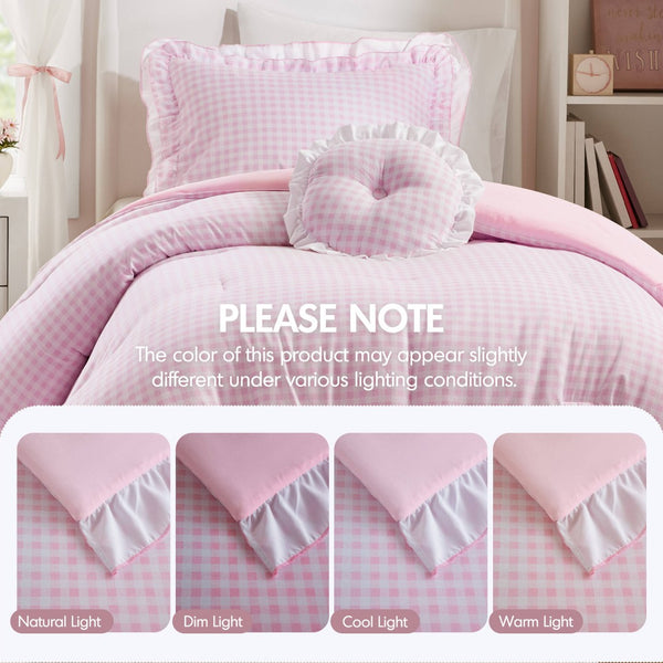 English Elm 3-piece Cottage Gingham Comforter Set with Ruffle Trim and Round Throw Pillow Pink B035P463187