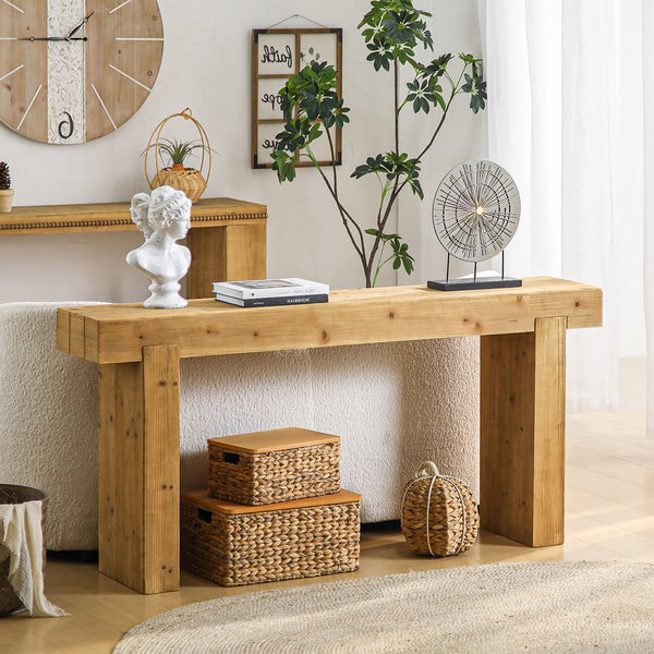 English Elm 63" Solid Wood Console Table Natural Rustic Farmhouse Sofa Table 63-inch Narrow Entryway Shelf W3306P318704