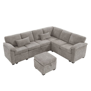 English Elm 97 Inch L-shaped Chenille Sectional Sofa with Sleeper Storage Ottoman 7 Seats Grey W1669S00018
