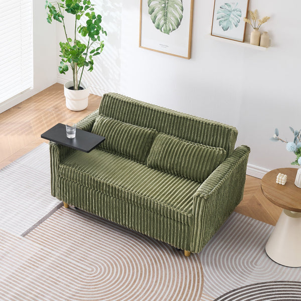 English Elm The pull-out green corduroy sofa with USB ports, movable tabletop and roll-out bed for living rooms W3371P302294