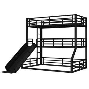 English Elm Twin Bunk Bed With Slide - Metal Triple Bunk For Kids, Heavy-Duty, Noise-Reduced, Safety Guardrails W1580S00173-GIGA