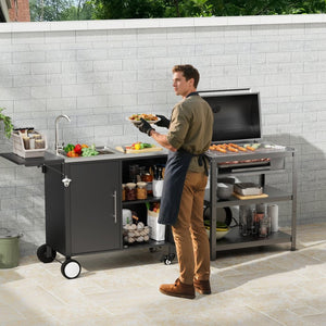 English Elm Outdoor Stainless Steel Grill Cart with Sink Foldable Top and Lockable Wheels W3190P426842