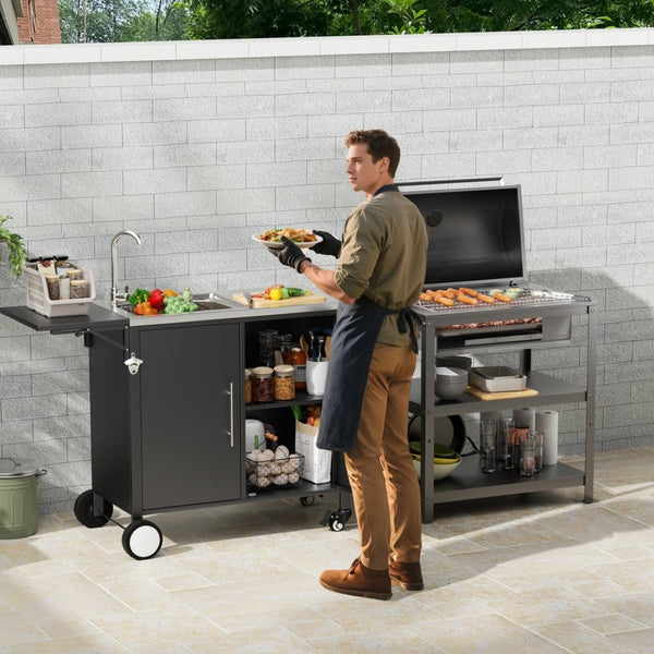 English Elm Outdoor Stainless Steel Grill Cart with Sink Foldable Top and Lockable Wheels W3190P426842
