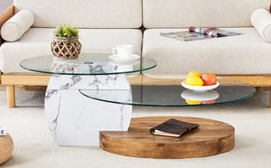 English Elm Contemporary Dual Tier Oval Glass Coffee Table with Marble and Wood Tone Base W1151P233589