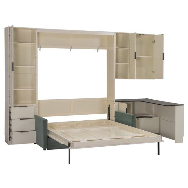 English Elm Queen Murphy Wall Bed Hydraulic Lift Velvet Sofa Built-in Shelves Led Studio Unit Cream LP000392AAA