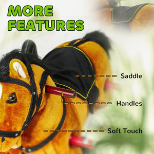 English Elm Qaba Plush Spring Rocking Horse with Sounds Stirrups and Saddle for Kids Brown W2225P249744