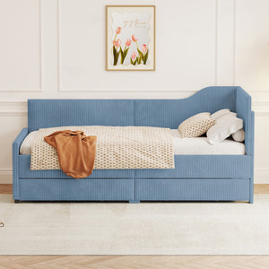 English Elm Twin Size L-Shaped Corduroy Daybed,Upholstered Bed Frame With 2 Storage Drawers,Blue