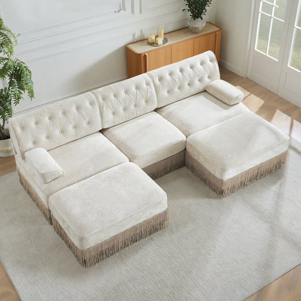 English Elm U Shaped Modular Sectional Sofa Chesterfield Tufted Velvet with Tassel Fringe Skirt Beige W714S01687