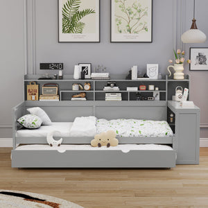 English Elm Wooden Twin Daybed with Trundle, Built-In Desk and Side Storage Shelves for Space-Saving Living Gray 54.4 L x 18 W x 5.6 H N733S242275E