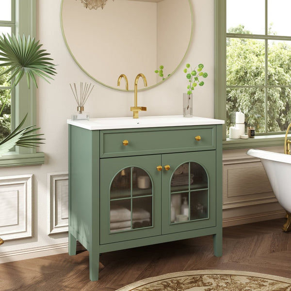 English Elm 35.6" Freestanding Bathroom Vanity with Roman Column Base and Ceramic Integrated Sink Green W1801S00014