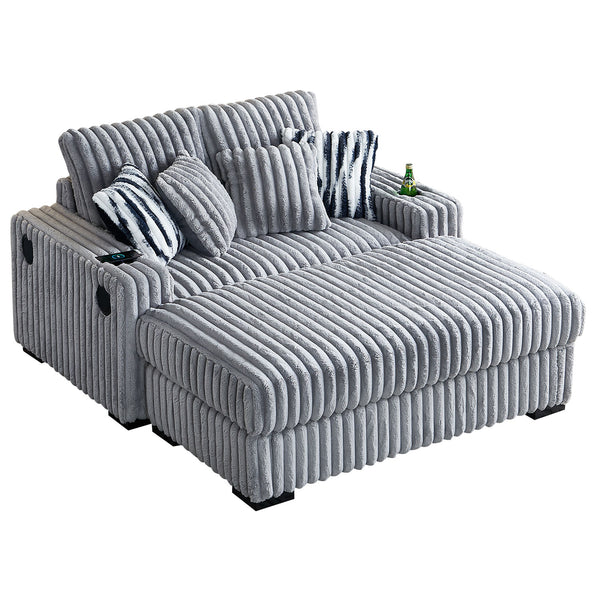 English Elm 61.42Inch Square Arm Loveseat With Ottoman Upholstered Velvet, Bluetooth Speaker, Wireless Charger, USB Ports, Cup Holder, Cozy Channeling Design LIGHT GREY W579S00020