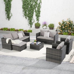 English Elm 6 Piece Outdoor Modular Sectional with Pe Wicker Cushioned Seating and Tempered Glass Table W874S00060