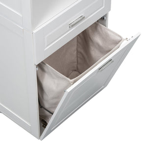 English Elm Tall Bathroom Cabinet with Tilt-Out Laundry Hamper, Adjustable Shelves, Anti-Tip Design & Large Storage White WF323481AAK