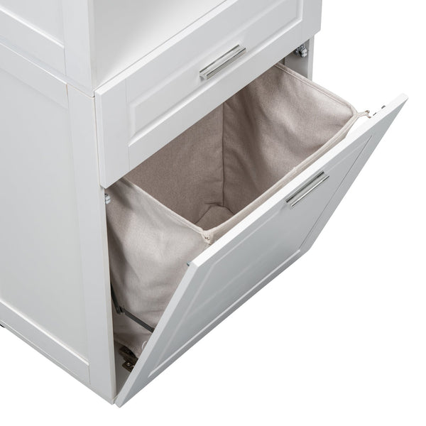 English Elm Tall Bathroom Cabinet with Tilt-Out Laundry Hamper, Adjustable Shelves, Anti-Tip Design & Large Storage White WF323481AAK