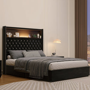 English Elm Full Velvet Wingback Platform Bed Tufted Headboard Shelf Usb Port Rivet Trim N733P368653B
