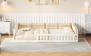 English Elm Wood Full Size Upholstered Platform Bed with Guardrail and Head Pillow, Sleek Silhouette, Sturdy 600lb Capacity Beige WF323090AAA