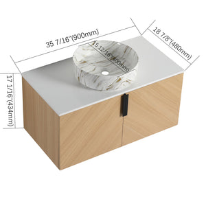 English Elm 36" Modern Bathroom Vanity With Ceramic Sink & Stone Slab, Wall-Mounted, Soft-Close Doors, Oak Finish W999S00450