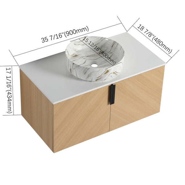English Elm 36" Modern Bathroom Vanity With Ceramic Sink & Stone Slab, Wall-Mounted, Soft-Close Doors, Oak Finish W999S00450