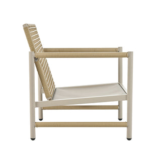 English Elm 4 Piece Patio Rattan Set with High-Rebound Cushions and Wood-Grain Tempered Glass Tabletop, Stylish Outdoor Conversation Sofa for Garden Balcony Poolside White+Natural W2337S00002