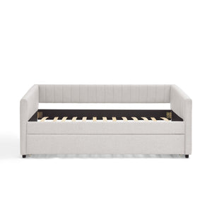 English Elm Twin Size Daybed With Trundle - Elegant Upholstered Sofa Bed In Beige Linen With Stripes, Space-Saving W1413S00090-GIGA