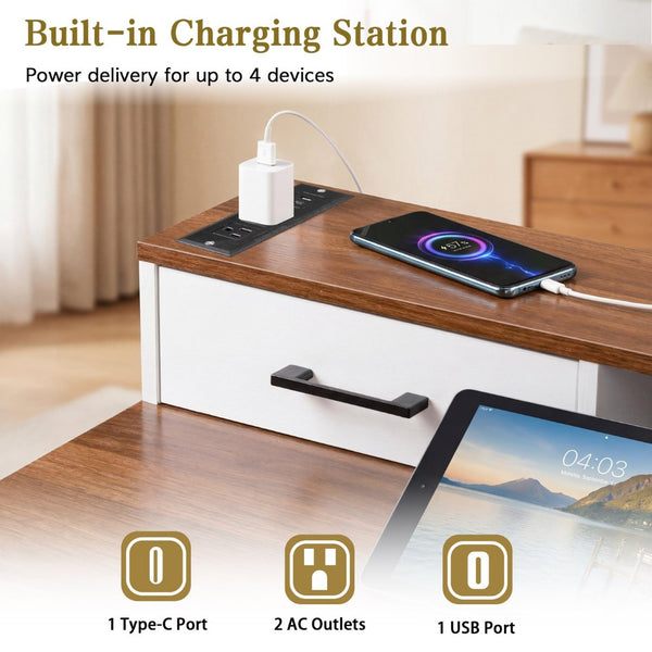 English Elm 55" Farmhouse Writing Desk with Cabinet Charging Station Pegboard and Monitor Stand White W2917S00008