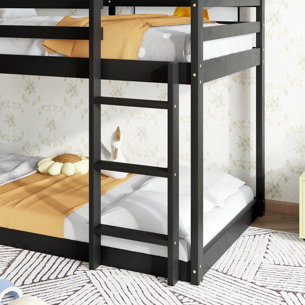 English Elm Twin Rubber Wood Floor Bunk Bed House-Shaped Design with Ladder Guardrails Sturdy Low-Profile Retreat Black W504P206865
