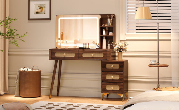 English Elm 47''Vintage Elegant Makeup Vanity with Lights and Mirror, 5-Drawer Rattan Design, Solid Wood Craftsmanship Dark Walnut 46 L x 27 W x 8 H N733P337468D