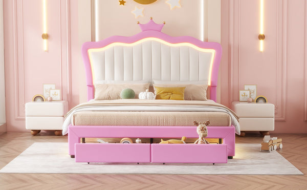 English Elm Full Size Upholstered Bed Frame With Led Lights – Chic Pink Princess Design, Crown Headboard & Storage Drawers W2770P190367