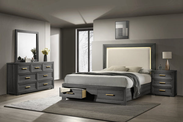 English Elm Colorado King Bedroom Set with Led Upholstered Headboard Wood Frame Four Piece B009S02321