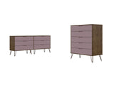 Manhattan Comfort Rockefeller Mid-Century Modern 2-Piece Wide and Tall Dresser Nature and Rose Pink 176GMC6