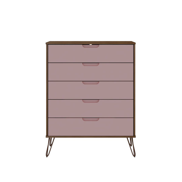 Manhattan Comfort Rockefeller Mid-Century Modern 2-Piece Wide and Tall Dresser Nature and Rose Pink 176GMC6