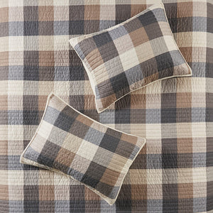 English Elm 6 Piece Reversible Herringbone Quilt Set With Cozy Buffalo Plaid & Embroidered Pillows - Full/Queen B03597577