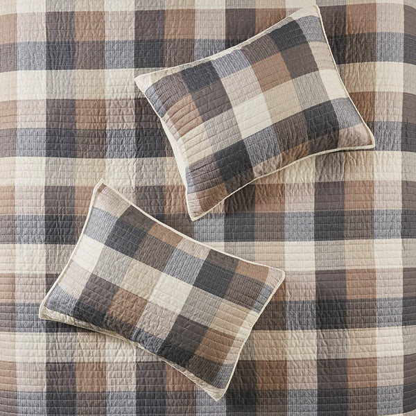 English Elm 6 Piece Reversible Herringbone Quilt Set With Cozy Buffalo Plaid & Embroidered Pillows - Full/Queen B03597577