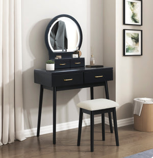 English Elm Beautiful LED Vanity Dresser with Touch Mirror and Padded Stool, Luxe Wood Finish, Brass Pulls, Storage Black 33.75 L x 21.75 W x 13.25 H B011P347325