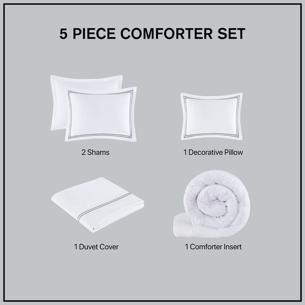JLA Home Madison Park Signature - 100% Cotton sateen 500TC Embroidered Comforter Set — Hotel-Quality, Removable Duvet, OEKO‑TEX Safe White/Grey MPS10-507