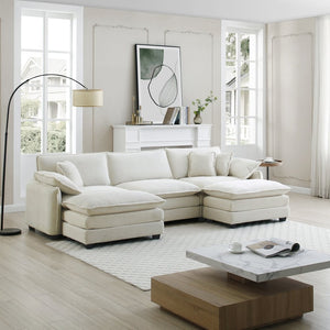 English Elm Oversized Modular Cushioned Sofa With Convertible Ottoman, 3-Seater U-Shape Design In Beige Corduroy W714S00691-GIGA