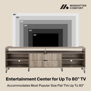 English Elm Dumbo 85" Fluted TV Stand with Gold Legs, 2 Drawers & 6 Shelves, Wire Management, Easy Snap Assembly Grey B365P397926