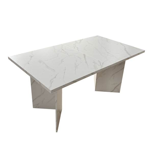English Elm Extendable Faux Marble Dining Table with V-Legs — Sleek Expandable Conference & Kitchen Centerpiece for 6–10 White W1347S00015