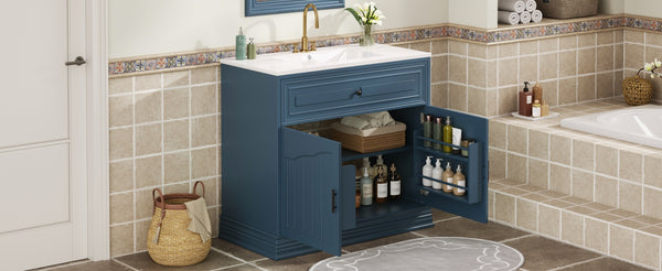 English Elm 36" Luxurious Bathroom Vanity with Ceramic Sink and Soft-Close Doors, Solid Wood Frame, Adjustable Shelves Blue N710P288944C