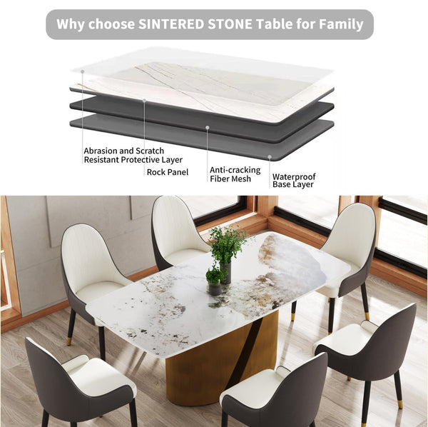 English Elm 70.86" Modern Curved Pandora Dining Table - Marble White Sintered Stone With Bronze Iron Legs, 6-8 Seats W1535S00360