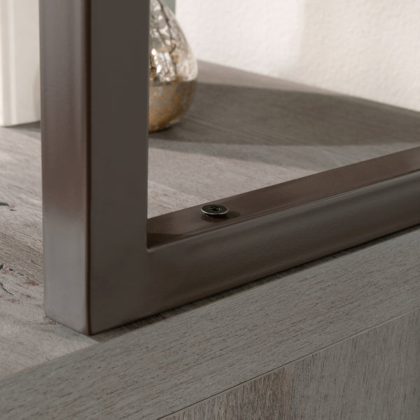 English Elm Credenza Brown Finish Hutch with Powder-Coated Metal Frame, Open Shelves, Engineered Wood Durability B356P367751